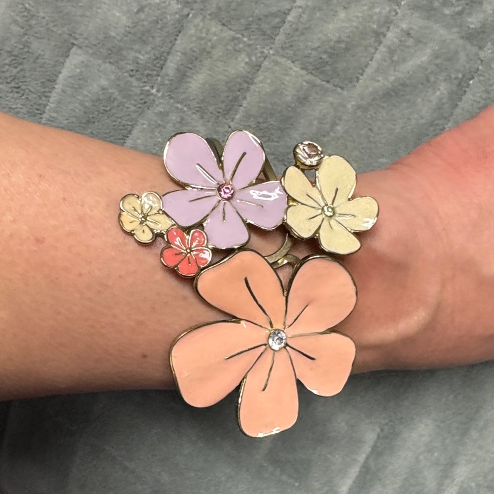 Vintage Flower Hinged Bangle Bracelet, Enamel, Silver, Gemstones, Boho